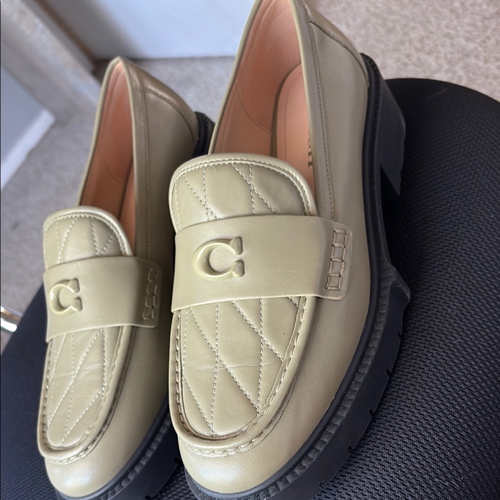 Coach Green Quilted Loafers with Platform Sole